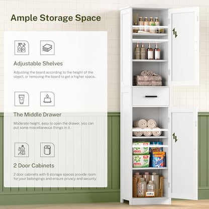 WEENFON Tall Bathroom Cabinet, Storage Cabinet with 6 Shelves & Drawer, Bathroom Storage Cabinet with Adjustable Shelves, Tall Cabinet for Living Room, Home Office, White - color: White