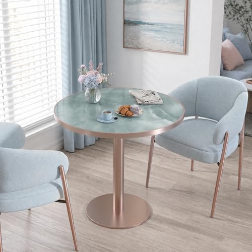 31.5'' Tulip Table, Round Dining Table with Glossy Sintered Stone Tabletop | Rose Gold Aluminum Alloy Edge & Pedestal, Small Bistro Table for Dining Room/Café/Small Spaces/Restaurant (Aqua Jade) - color: Aqua Jade (Rose Gold), size: Round