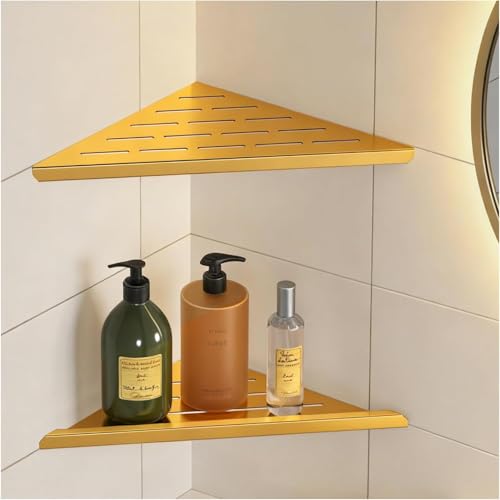 YACVCL Brushed Gold Corner Shower Shelf 304 Stainless Steel 10" Recessed Corner Shelf Bathroom for Tiled Wall,No Drilling Floating Shower Shelves Shampoo Holder, 2 Pack - color: Brushed Gold