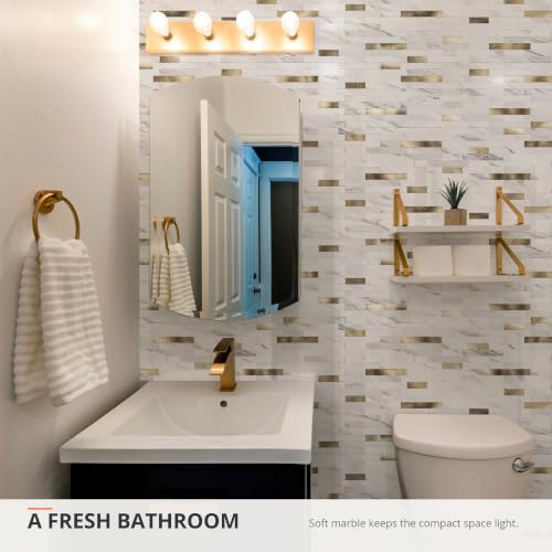 StyloVue 20 Sheets Peel and Stick Backsplash for Kitchen, Sparkle White Marble Look with Gold Metal, Glossy Finish, Stick on Tile for Kitchen Backsplash, RV, Fireplace - color: Sparkle White Marble