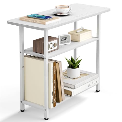 SLEEPING LAMB Side Table for Living Room, 3-Tier End Table for Small Space with Wide Storage Tabletop, Elegant White Narrow Nightstand for Bedroom, Sofa Couch - color: White