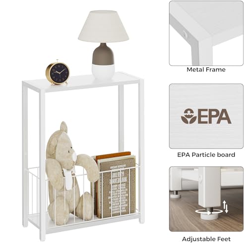 Homleke Narrow Side Table with Magazine Holder, Skinny End Table | Space-Saving Design, Small Spaces, Storage Shelf, Metal Frame, Easy Assembly, 7.1" D x 16.9" W x 23.6" H, White - color: White - Standard
