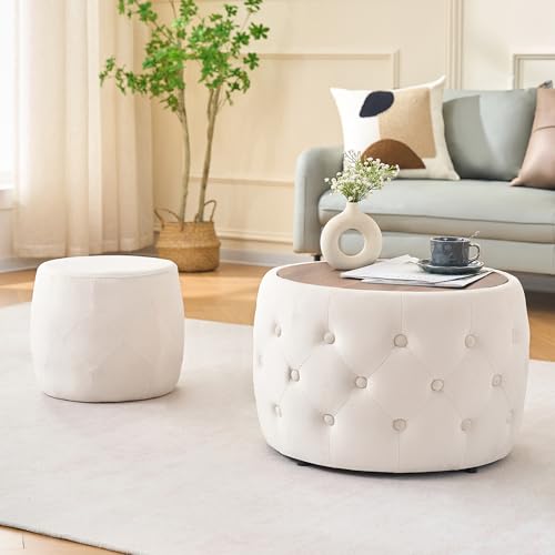 23" Velvet-Upholstered Accent Side Table, Modern Nesting Side Tables with Hidden Storage, Space-Saving Nesting Coffee Table Set with Wood Tray for Living Spaces, Beige - color: Beige