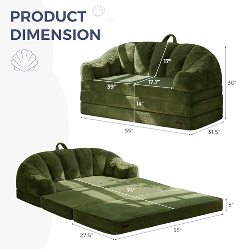 MAXYOYO Folding Sofa Bed, 2 in 1 Convertible Sofa to Lounger | Comfy Loveseat Bean Bag Chair for Adults, Floor Couch with Handle, Faux Fur Couch Bed for Living Room Bedroom, Green - color: Green, size: Loveseat