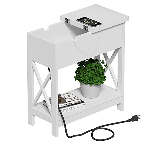 ChooChoo End Tables Living Room Set of 2, Side Table with Charging Station | Narrow Flip Top Side Table, Nightstand Sofa Table for Living Room, Bedroom, White - color: White