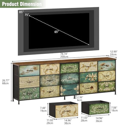 Dresser for Bedroom Chest of Drawers Fabric Dresser for Closet, Nursery Entryway Hall Tree TV Stand for Living Room Retro Floral Pattern Wooden Top (15 Drawers) - size: 13"D x 78.7"W x 26.8"H (15 Drawers)