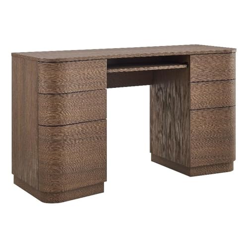 Modway Mirae 55 Inch Computer Desk with Drawers in Brushed Brown Oak – Modern Compact Office Desk with Keyboard Tray, Curved Edges, and 6 Storage Drawers for Bedroom, Dorm Room, or Vanity Setup - color: Brushed Brown Oak