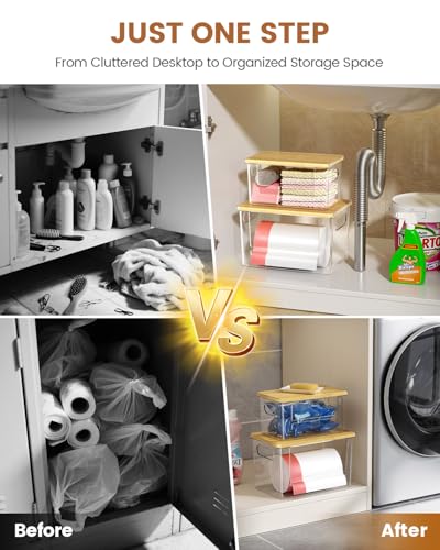 Trash Bag Dispenser 2 Pack, Stackable Trash Bag Holder with Bamboo Lid – Clear Plastic Garbage Bag Organizer for 4-33 Gal Bags, Space-Saving Under Sink Organizer for Kitchen, Laundry, Pantry - size: XL+S