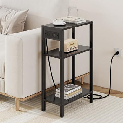 TUTOTAK Narrow Side Table, 3-Tier Small End Table with Charging Station | Skinny Sofa Table, Slim Nightstand, Easy Assembly for Living Room, Bedroom, Black TB01BK079 - color: Black, size: 3-tier