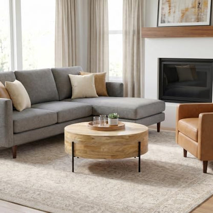 SIMPLIHOME Rayburn 38" Wide Solid Mango Wood Drum Coffee Table in Natural | Modern industrial coffee table with black metal legs and a large surface; round cocktail table or center table. - color: Refined Natural