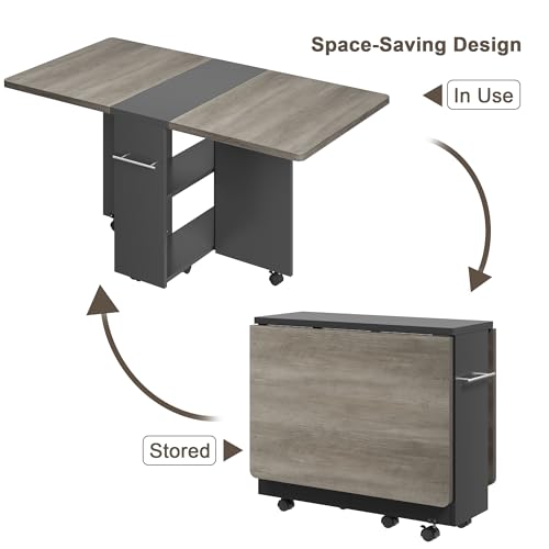 Folding Dining Table with 2-Layer Storage Rack, Drop Leaf Tables, Grey | Small Spaces, Foldable Dining Table with 3 Wheels, Kitchen Table, Dining Room - color: Grey, size: 47.2"D x 23.6"W x 29.5"H