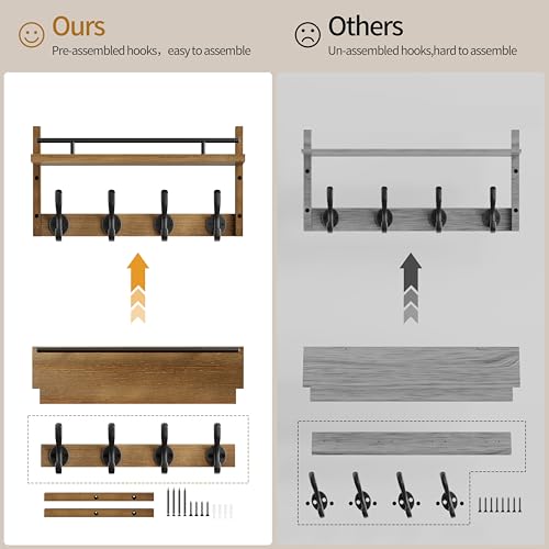 29 inch Coat Rack Wall Mount with Shelf, Entryway Wall Shelf with Hooks, Heavy Duty Coat Hanger Wall Mount with Key Holders and Mail Organizer for Living Room, Bedroom, Brown - color: Brown