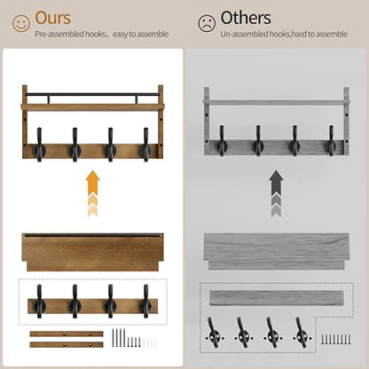 29 inch Coat Rack Wall Mount with Shelf, Entryway Wall Shelf with Hooks, Heavy Duty Coat Hanger Wall Mount with Key Holders and Mail Organizer for Living Room, Bedroom, Brown - color: Brown