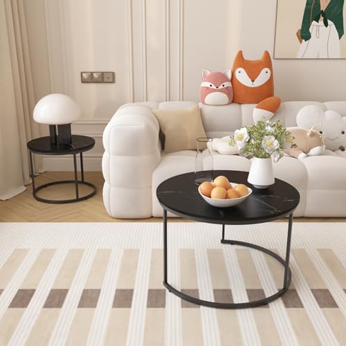 KEIKI Nesting Coffee Table Set of 2, Round Industrial End Tables with Wood Grain MDF Top and Black Metal Frame, Space Saving Small Side Table Set for Living Room Bedroom Balcony, Easy Assembly, Black