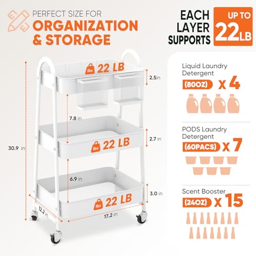 Sekey 3 Tier Rolling Cart, Hanging Cups, Hooks, Heavy Duty Mesh Rolling Storage Cart Organizer with 2 Lockable Wheels for Bathroom, Kitchen, Office, Craft, Makeup, Baby Essentials, White - color: White