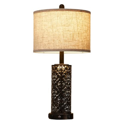 SAIWEYA 26" Set of 2 Farmhouse Table Lamp for Bedroom, Dimmable Touch | 3 Way Dimmable, 2 USB Ports + AC Outlet Bedside Lamp for Nightstand, LED Bulb Included, Fabric Shade, Flower Metal Body - color: White-26in 2 Pack
