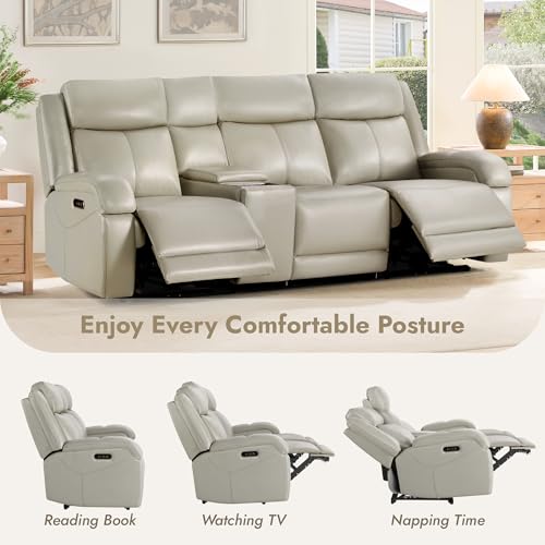 Watson & Whitely Wall Hugger Power Reclining Sofa with Console, Grey | Genuine Leather Recliner Sofa, Power Headrests, Center Storage Console, Cup Holders, 3-Seater Couch, Living Room & RV - color: Grey, style: 3 Seater Sofa (with console)