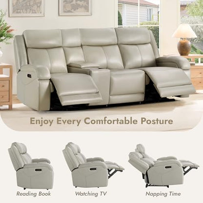Watson & Whitely Wall Hugger Power Reclining Sofa with Console, Grey | Genuine Leather Recliner Sofa, Power Headrests, Center Storage Console, Cup Holders, 3-Seater Couch, Living Room & RV - color: Grey, style: 3 Seater Sofa (with console)