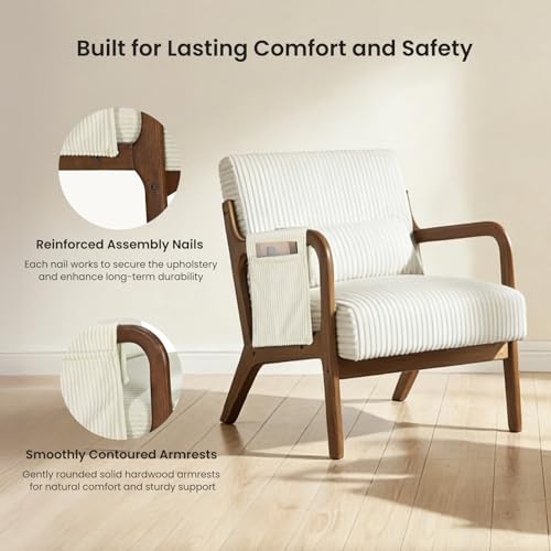DUMOS Mid Century Modern Accent Chair, 17'' Seat Height with Side Pocket | Upholstered Small Side Chair with Lumbar Pillow and Wood Frame for Living Room, Bedroom, Reading Nook, Easy Assembly, Beige - color: Beige, size: 1 PC