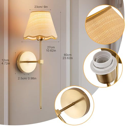 ADISUN Wall Sconce Set of 2, Gold Plug in Wall Lamps for Living Room, Hardwired, Rattan Shade Wall Lights Fixture for Bedroom Living Room Hallway Kitchen - color: Gold, 20inch