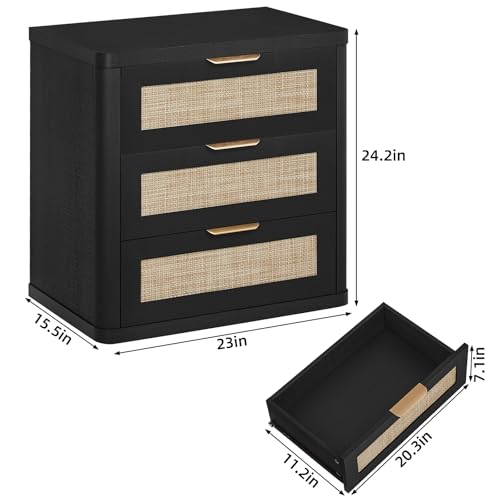 LEYAOYAO Rattan 23" Nightstands with Drawers for Bedroom | Gold Metal Handle, Storage Shelf, Black Night Stand, Boho Bedside Table, Bed Side End Tables Living Room, Hallway - color: Boho Black, size: 3 Drawers