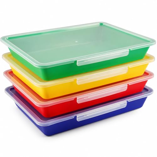 Flat Storage Bins with Lids, Letter Size Paper Storage Bins Set of 4, Stackable Classroom Turn In Bins with Secure Latching Lid, Plastic Storage Organizer for Teachers, Office & Home