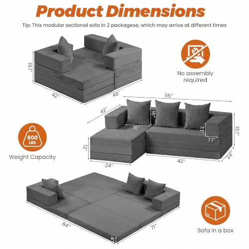 6-in-1 Tri-Folding Mattress | Cloud Boneless L-Shaped Modular Sectional Couches | Corduroy Pet-Friendly Convertible Futon Sofa Bed with 800LB Capacity Apartment, Guest Room, Game Room - color: Grey