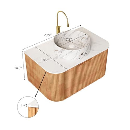 30” Floating Bathroom Vanity with Sink, Fluted Wall-Mounted Solid Wood Cabinet, Marble-Pattern Ceramic Round Basin, Faux Marble Top, Soft-Close Drawer, Pre-Assembled, Natural Woodgrain - color: 01 - Natural Woodgrain, size: 30"
