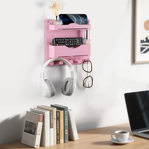 Pink Bedside Shelf Organizer - Wall Mount Phone Holder with Glasses Hook & 50 Motivational Stickers for Girls Bedroom Dorm Decor - color: Pink
