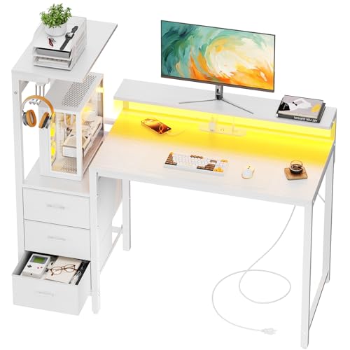 HLDIRECT 44 Inch Gaming Desk with Power Outlets & LED Lights, White | Reversible gaming computer desk with built-in monitor stand, 3 fabric drawers & 4 side hooks, 2 AC outlets & 3 USB ports - color: White, size: 44 inch