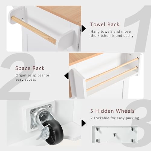 Kitchen Island with 2 Drop Leaf, Home Cart Island on Wheels Foldable Dining Table with Power Outlets,3 Drawers,Storage Cabinet, Tower Rack(White) - color: White