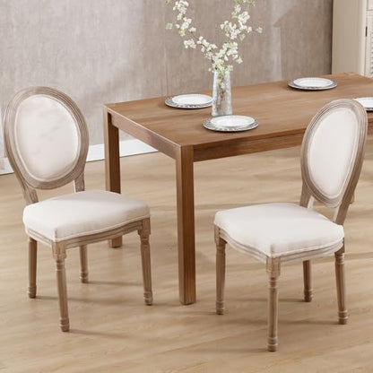 Kmax Farmhouse Dining Room Chairs, Brown Wood Legs Elegant Tufted Kitchen Chairs, French Distressed Bedroom Chairs with Round Back, Set of 2, Beige - color: Antique Brush-fabric-beige, size: 2 Chairs