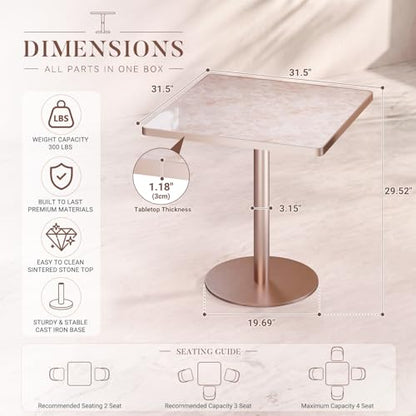31.5'' Tulip Table, Square Dining Table with Glossy Sintered Stone Tabletop | Rose Gold Aluminum Alloy Edge & Pedestal, Small Bistro Table for Dining Room/Café/Small Spaces/Restaurant (Blush Onyx) - color: Blush Onyx (Rose Gold), size: Square