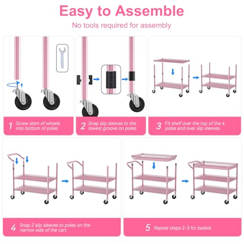 Pink Rolling Utility Cart with Wheels, 990Lbs Heavy Duty Metal Cart with Handle & Shelf Liners, NSF Certified 3-Tier Storage Trolley for Esthetician, Kitchen, Salon & Craft Room, Pink - color: Pink-3 Tier