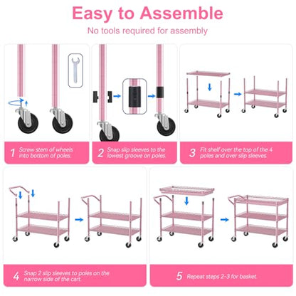 Pink Rolling Utility Cart with Wheels, 990Lbs Heavy Duty Metal Cart with Handle & Shelf Liners, NSF Certified 3-Tier Storage Trolley for Esthetician, Kitchen, Salon & Craft Room, Pink - color: Pink-3 Tier