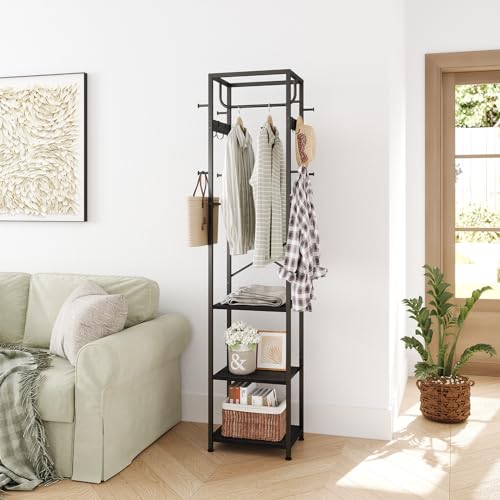 ELYKEN Coat Rack Freestanding, Hall Tree with 3 Shelves and 12 Hooks, Black | Industrial Metal Frame, Space-Saving Design, Clothes Rack Stand Organizer for Bedroom, Hallway, Entryway, Office, Living Room - color: Black