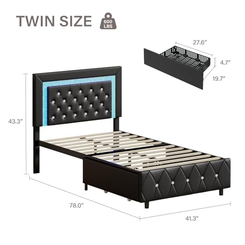 BarnFurin Twin Size Upholstered Bed Frame with Diamond Headboard,Black | Faux Leather Modern Platform Bed with Storage Drawers, Wooden Slats Support, No Box Spring Needed, Black - color: Black, size: Twin