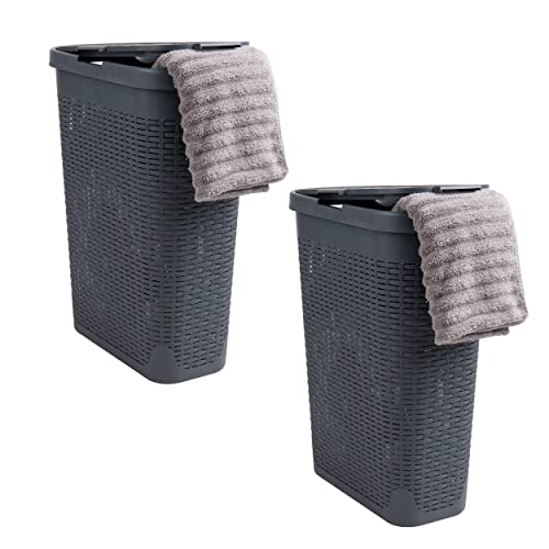 Mind Reader Slim Laundry Hamper with Lid, 40L Clothes Basket, Narrow Tapered Design with Ventilated Cutout Pattern, Plastic, Set of 2, Gray