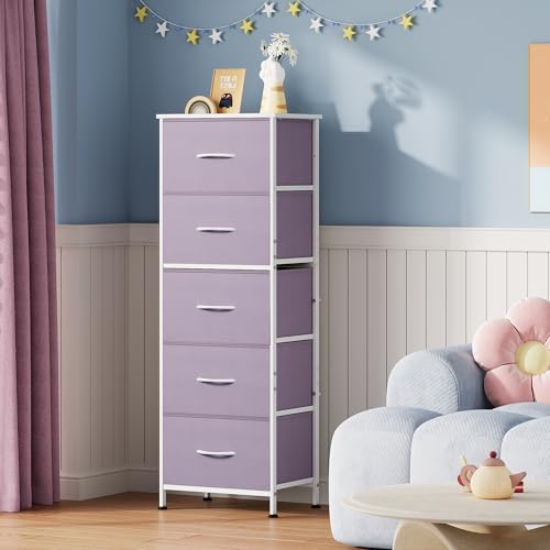 WLIVE Tall Dresser for Bedroom, 5 Drawer Dresser, Purple | 5 vertical fabric drawers, Tall vertical design, Bedroom or closet use, Dresser for small spaces, Chest of drawers - color: Purple