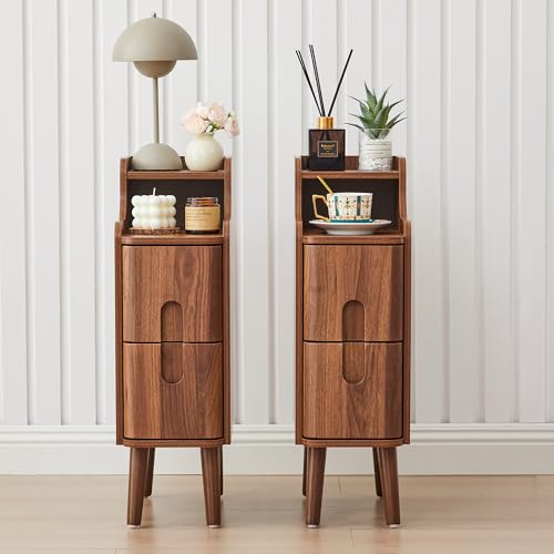 Narrow Nightstand Set of 2, Wood 2 Drawer Small Nightstand, Slim Side Table, Modern Skinny End Bedside Table, Natural Wood Night Stand with Drawers for Bedroom (Walnut-2 pcs) - color: Walnut-2 Pcs