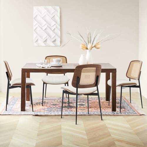 Rattan Dining Chairs Set of 4,Mid Century White PU Leather Kitchen Chairs,Upholstered Seat Metal Legs Chairs with Adjustable Foot Pads,Walnut Armless Side Chairs - color: White, size: Set of 4