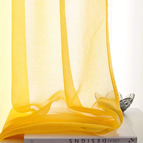 Butter Yellow Sheer Curtains 72 Inches Long Semi Faux Linen Yellow Sheers Curtain for Bedroom Living Room Girls Kids Room 2 Panels 52x72 Inch Length Gold - color: Butter Yellow, size: 52"W x 72"L (Pack of 2)
