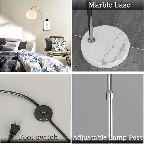 Mid Century Modern White Arc Floor Lamp for Living Room and Bedroom | 9.84 In Globe Acrylic Lampshade,Marble Base,59-70 In Adjustable Height,3000K Warm Light,Foot Switch Control,Couch Lamp - color: White-Acrylic