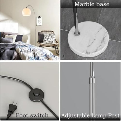 Mid Century Modern White Arc Floor Lamp for Living Room and Bedroom | 9.84 In Globe Acrylic Lampshade,Marble Base,59-70 In Adjustable Height,3000K Warm Light,Foot Switch Control,Couch Lamp - color: White-Acrylic