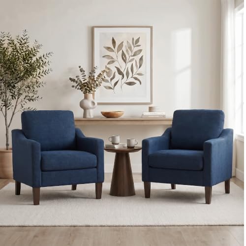VKNOW Accent Chairs Set of 2, Modern Upholstered Armchairs, Blue | Reading Chairs with Wood Legs, Single Sofa Reading Seat, Flexible Cushion, No Tool Assembly, For Living Room, Bedroom - color: Blue