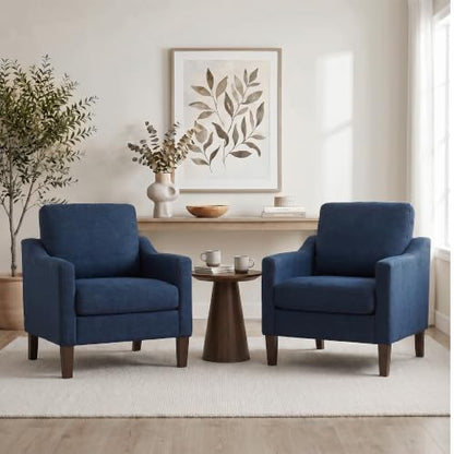 VKNOW Accent Chairs Set of 2, Modern Upholstered Armchairs, Blue | Reading Chairs with Wood Legs, Single Sofa Reading Seat, Flexible Cushion, No Tool Assembly, For Living Room, Bedroom - color: Blue