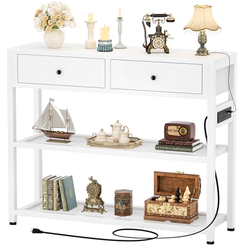 Ecoprsio Entryway Table with Outlets and USB Ports, Console Table with 2 Drawers, Small Sofa Table with Storage Shelves for Living Room, Couch, Hallway, Foyer, Kitchen Counter, 32'', White - color: White, size: 32-In