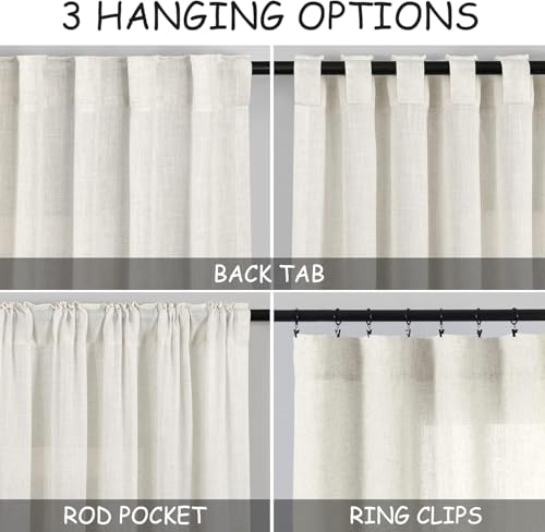 Cream Linen Curtains 63 Inch for Bedroom Natural Semi Sheer Light Filtering Boho Curtains Back Tab and Rod Pocket Panels for Living Room 34 x 63 Inch, 2 Panels - color: Natural, size: 34"W x 63"L (Pack of 2)