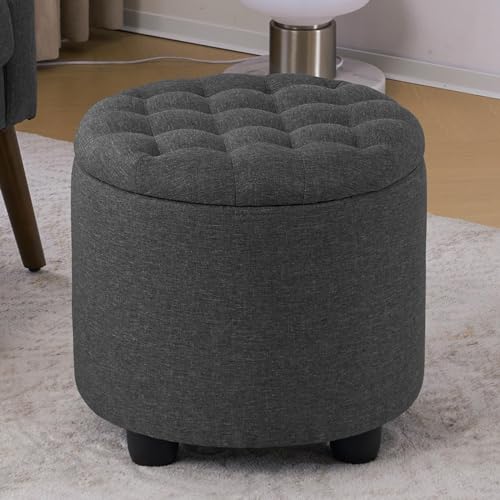 19 Inch Storage Round Ottoman, Footstools with Hidden Storage with Removable Lid, Stylish Button Tufted Design Ottoman Foot Stools for Living Room, Bedroom, Darkgrey - color: Grey
