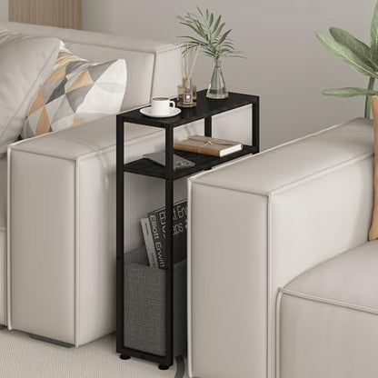 Leomonio Narrow Side Table, Slim End Tables with Fabric Basket, Skinny Table for Small Spaces, Thin Bedside Table for Living Room, Bedroom (1, Ebony Black + Slate Gray) - color: Ebony Black + Slate Gray